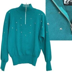 Vintage 80s 90s TYROLLA Skiwear Quarter Zip Ski Sweater Star Studs Wool Blend M